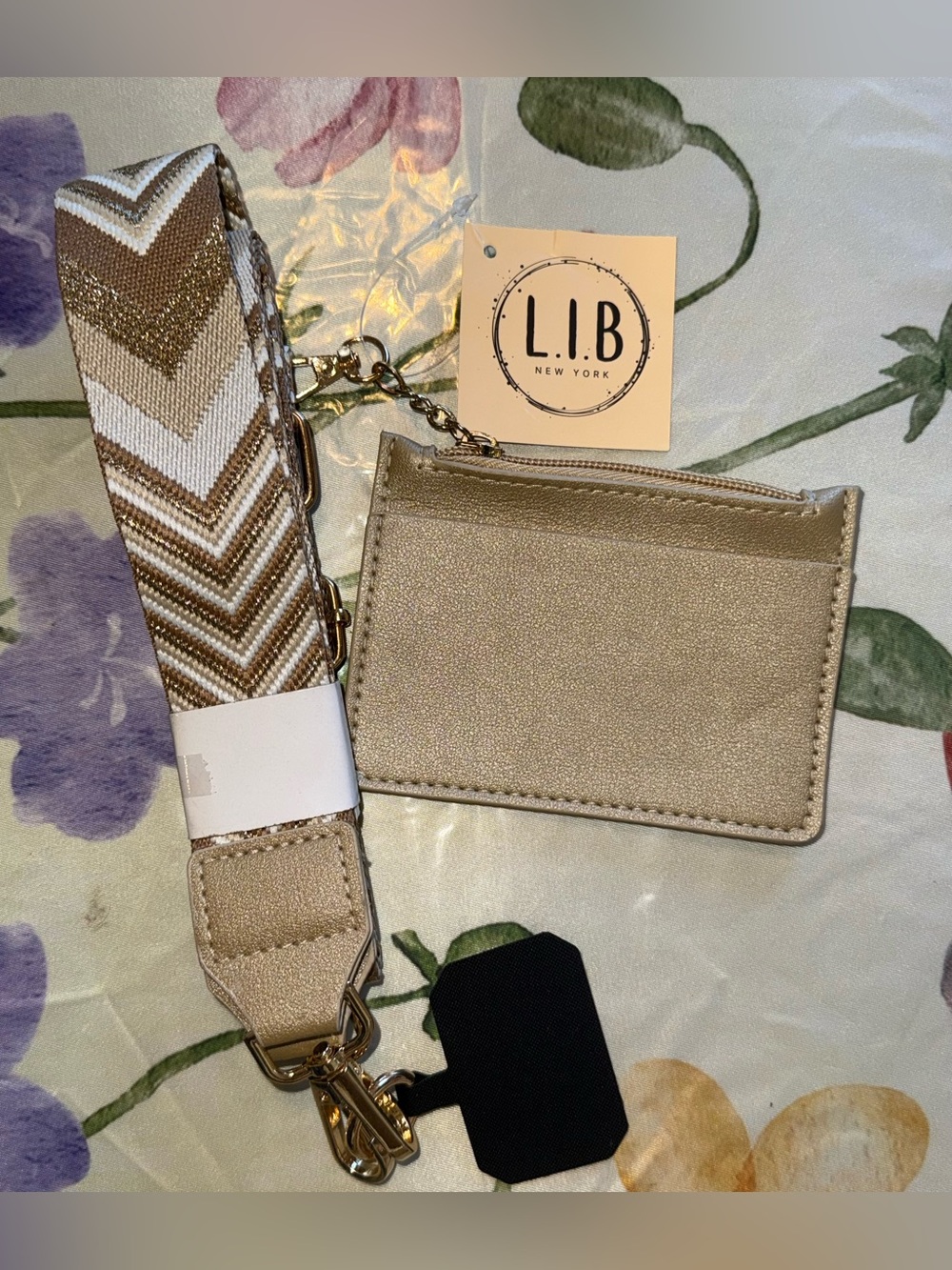 L.I.B NEW YORK Metallic Cream Cardholder with Chevron Strap